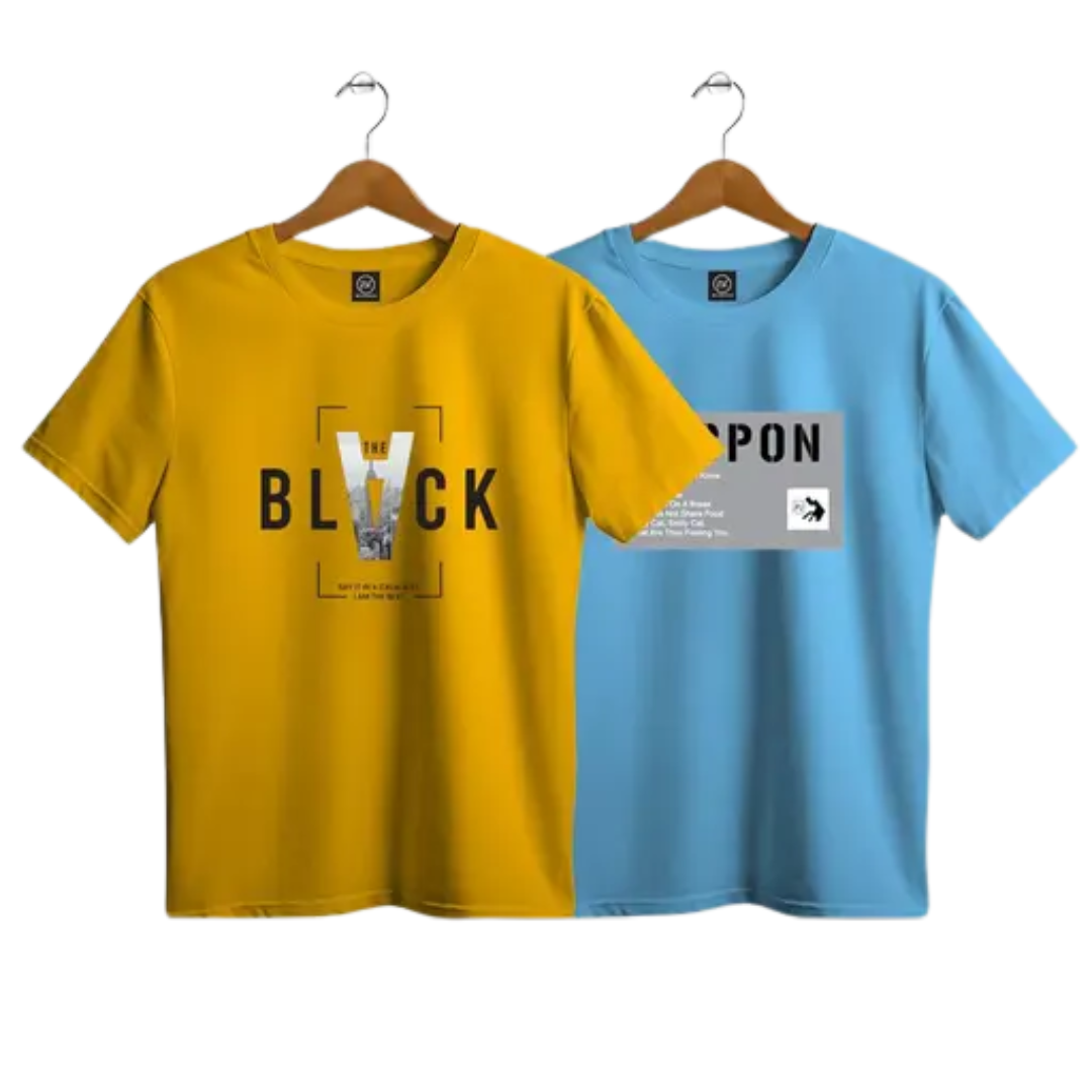 Bold Pairs Men's Combo Printed Cotton T-Shirts - Mustard Yellow & Sky Blue (Pack of 2)