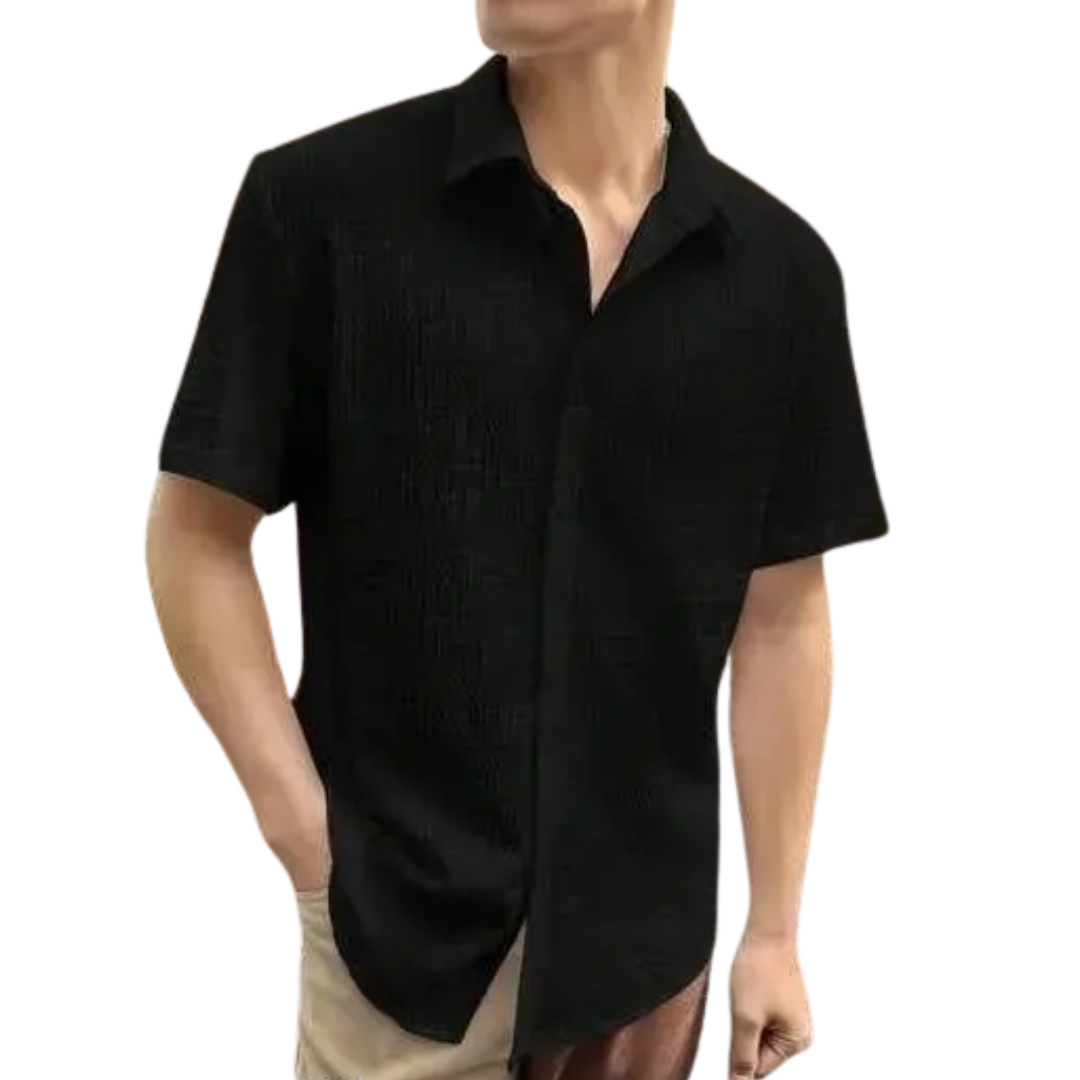 Men's Solid Black Popcorn Fabric Short Sleeve Shirt | Casual & Party Wear | Bold Pairs