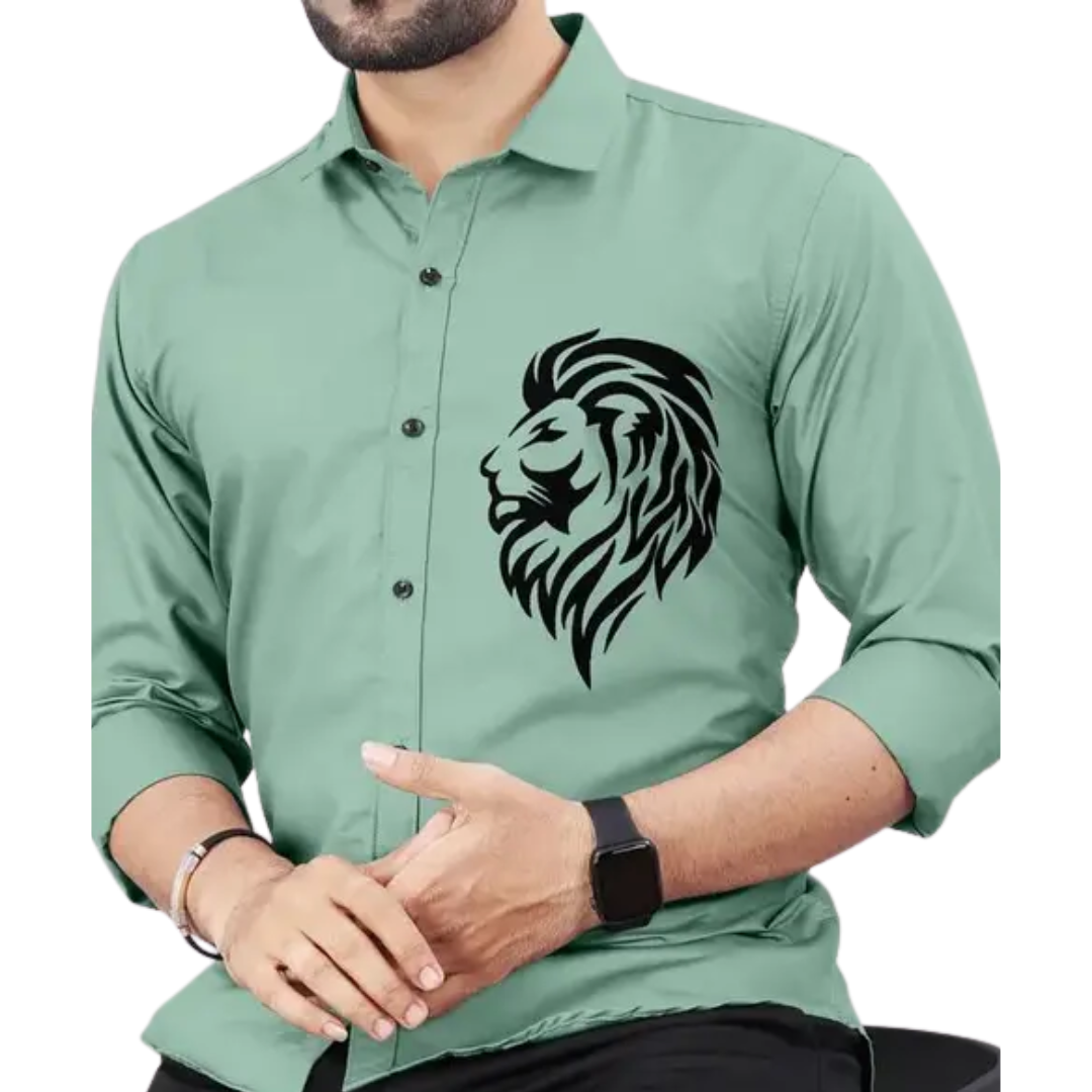 Bold Lion Crest Sage Green Cotton Shirt