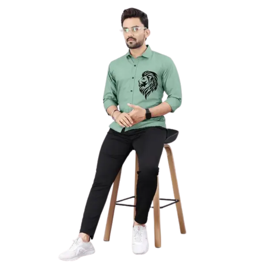 Bold Lion Crest Sage Green Cotton Shirt