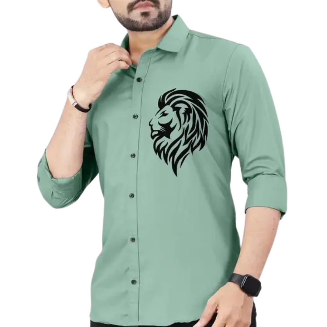 Bold Lion Crest Sage Green Cotton Shirt