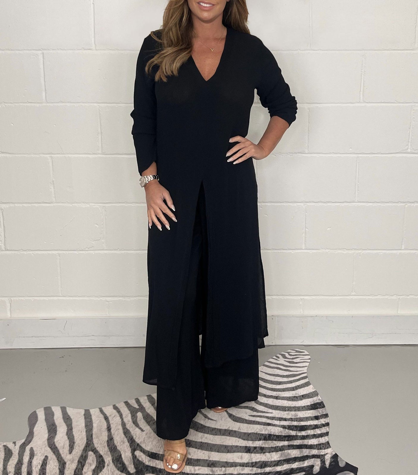 BoldPairs Summer 2-Piece V-Neck Co-Ord Set – Long Split Top & Trousers Outfit