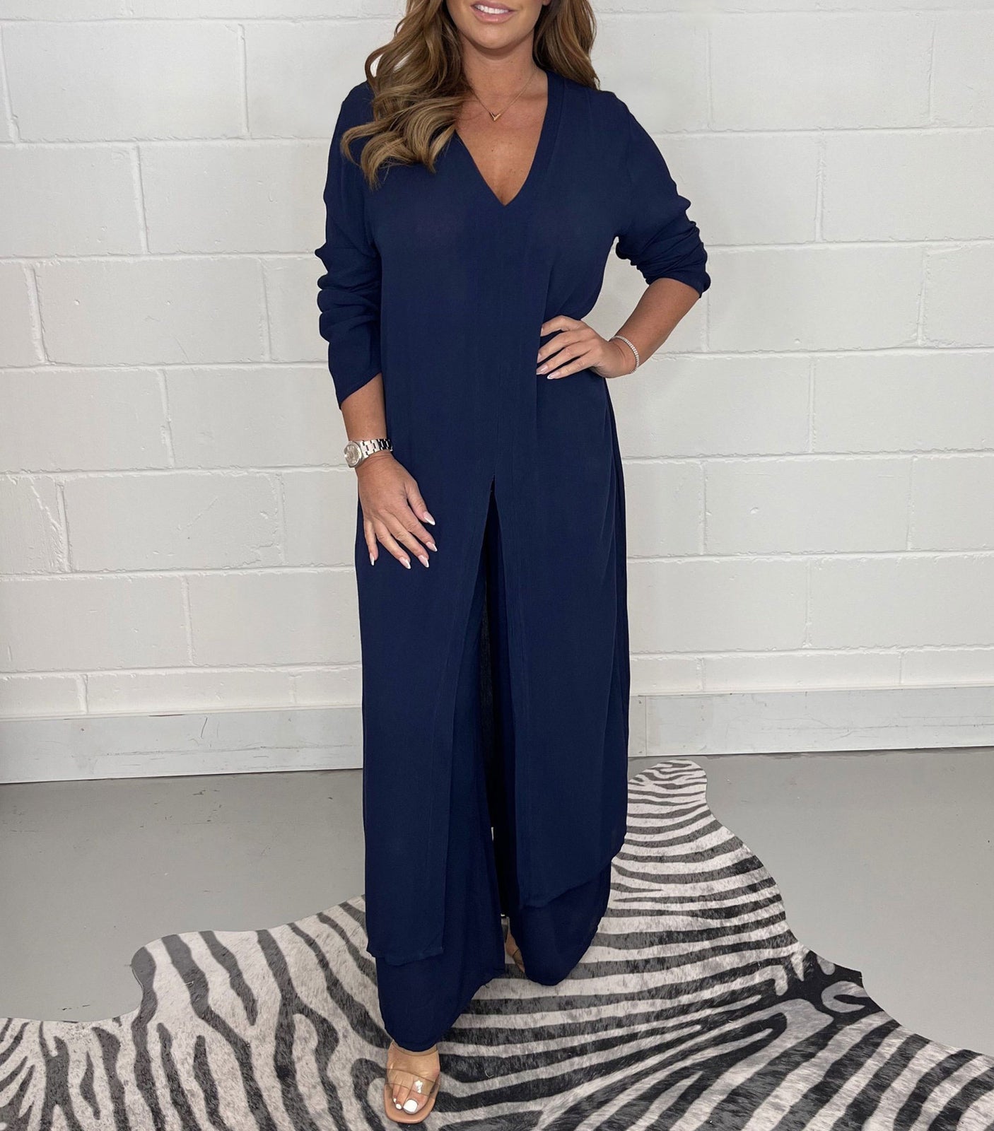 BoldPairs Summer 2-Piece V-Neck Co-Ord Set – Long Split Top & Trousers Outfit