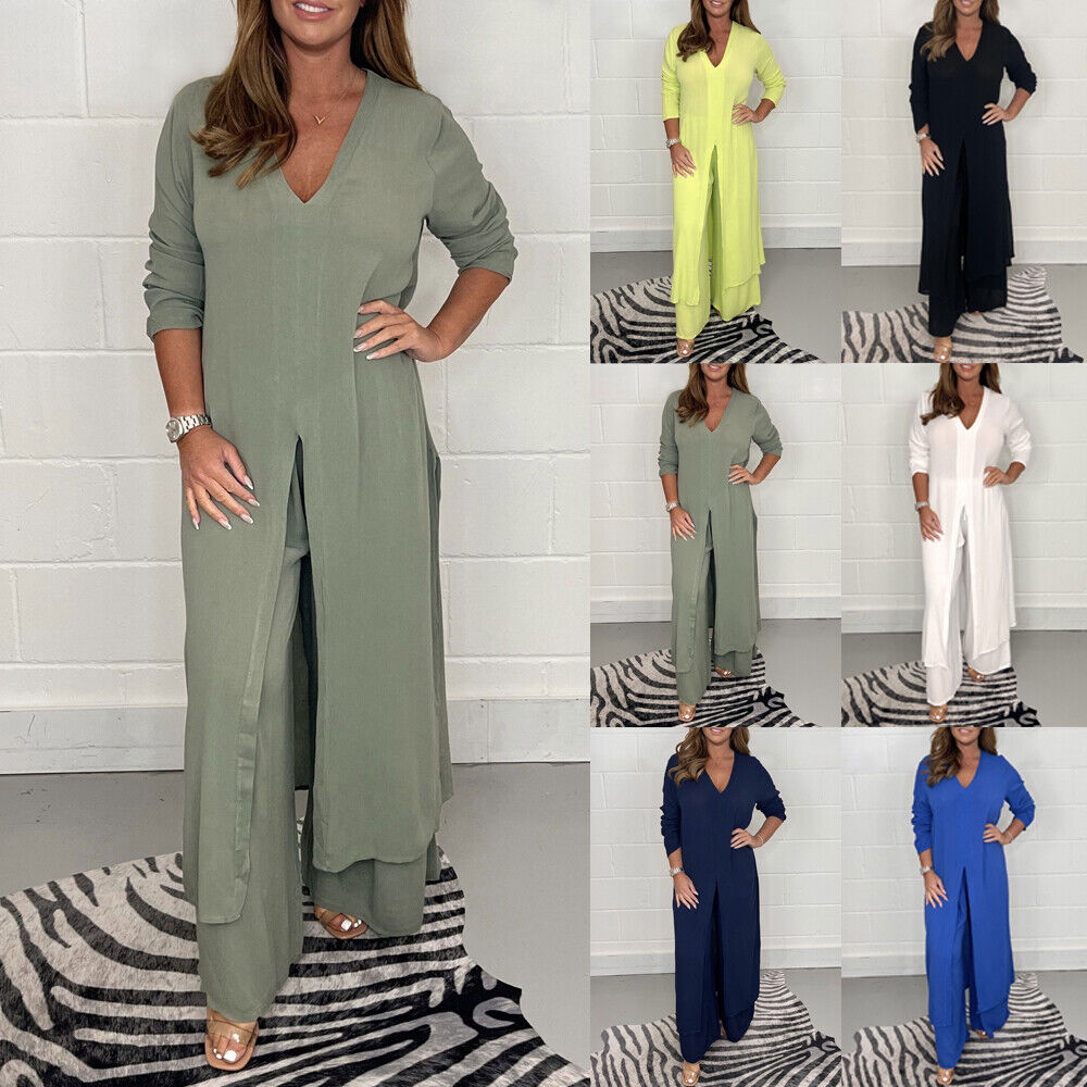 BoldPairs Summer 2-Piece V-Neck Co-Ord Set – Long Split Top & Trousers Outfit
