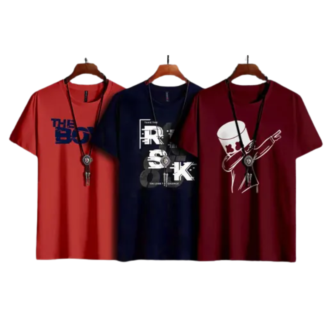 Bold Pairs Men's Printed Cotton T-Shirts - Pack of 3 | Maroon, Orange, Navy | Casual Regular Fit