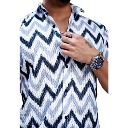 Bold Pairs Men's Navy Zig-Zag Striped Crochet Cotton Shirt - Summer Casual Wear