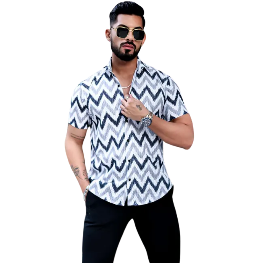 Bold Pairs Men's Navy Zig-Zag Striped Crochet Cotton Shirt - Summer Casual Wear