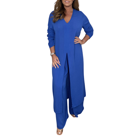 BoldPairs Summer 2-Piece V-Neck Co-Ord Set – Long Split Top & Trousers Outfit