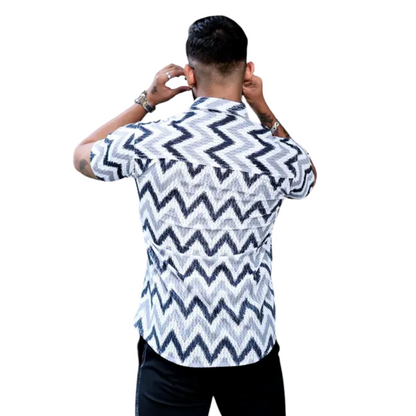 Bold Pairs Men's Navy Zig-Zag Striped Crochet Cotton Shirt - Summer Casual Wear