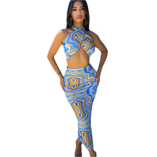 Women’s 2 Piece Maxi Skirt & Halter Crop Top Set – Bodycon Co-ord with Print