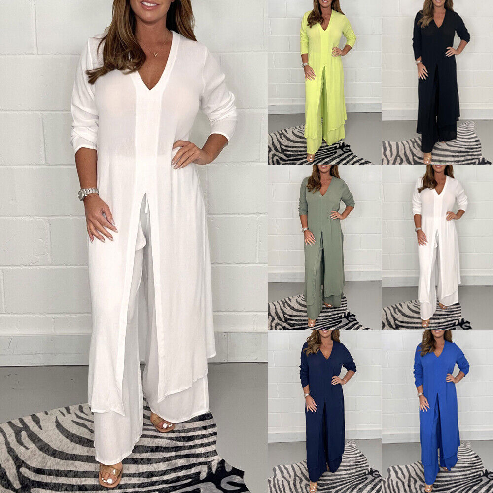 BoldPairs Summer 2-Piece V-Neck Co-Ord Set – Long Split Top & Trousers Outfit