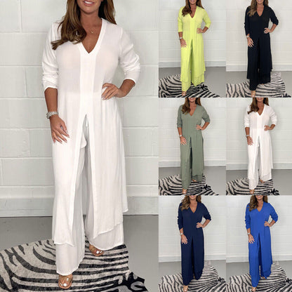 BoldPairs Summer 2-Piece V-Neck Co-Ord Set – Long Split Top & Trousers Outfit