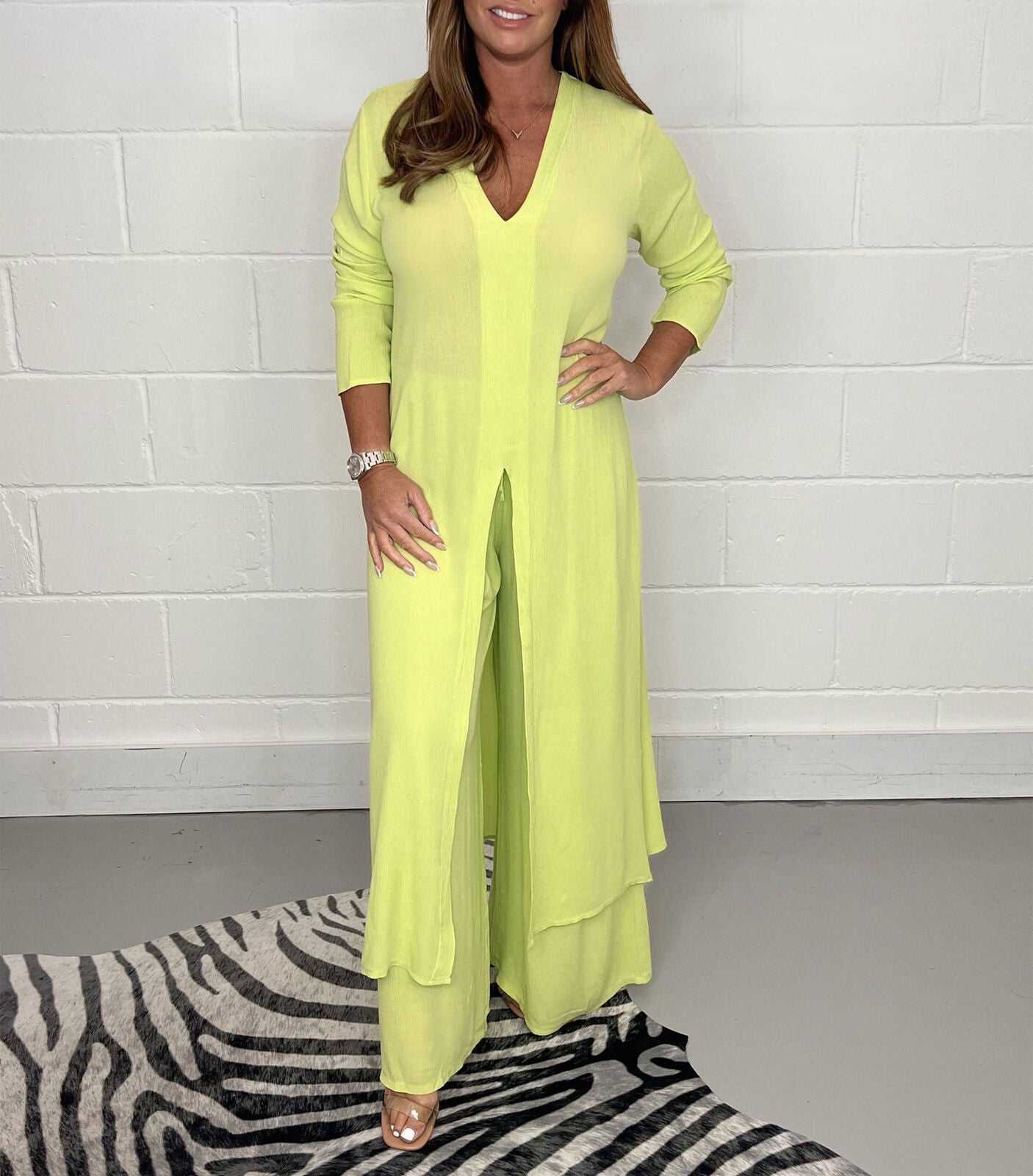 BoldPairs Summer 2-Piece V-Neck Co-Ord Set – Long Split Top & Trousers Outfit
