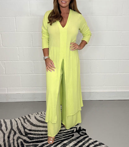 BoldPairs Summer 2-Piece V-Neck Co-Ord Set – Long Split Top & Trousers Outfit