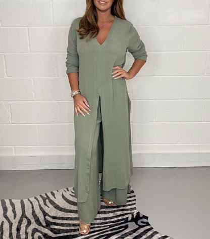 BoldPairs Summer 2-Piece V-Neck Co-Ord Set – Long Split Top & Trousers Outfit
